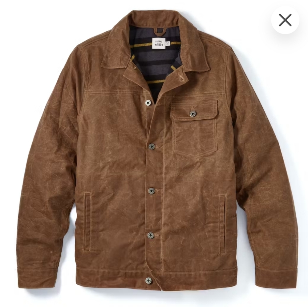Flint and Tinder Flannel Lined Waxed Trucker Jacket in Havanna. Size Medium